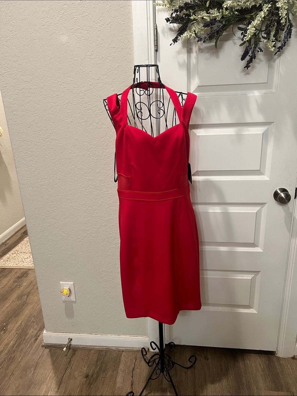 Guess Bold Red Midi Dress with Sweetheart Neckline